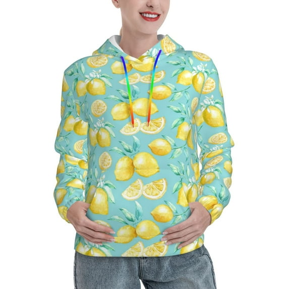 Fotbe Yellow Lemon Pattern Womens Long Sleeve Hoodie, Pullover Hooded Sweatshirt, Kangaroo Pocket Hoodie with Eye-catching Drawstrings-X-Large
