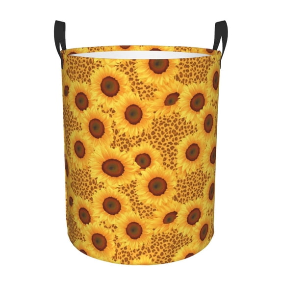 Fotbe Yellow Leopard Print Sunflower Laundry Basket with Handles, Waterproof Large Laundry Hamper, Wash Bag for Corner Dorm, Rolling Laundry Basket with Handles-Small
