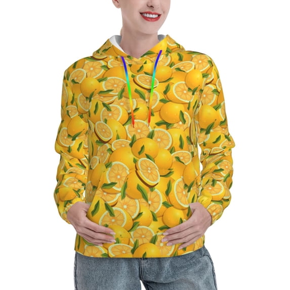 Fotbe Yellow Limes Pattern Womens Long Sleeve Hoodie, Pullover Hooded Sweatshirt, Kangaroo Pocket Hoodie with Eye-catching Drawstrings-Small