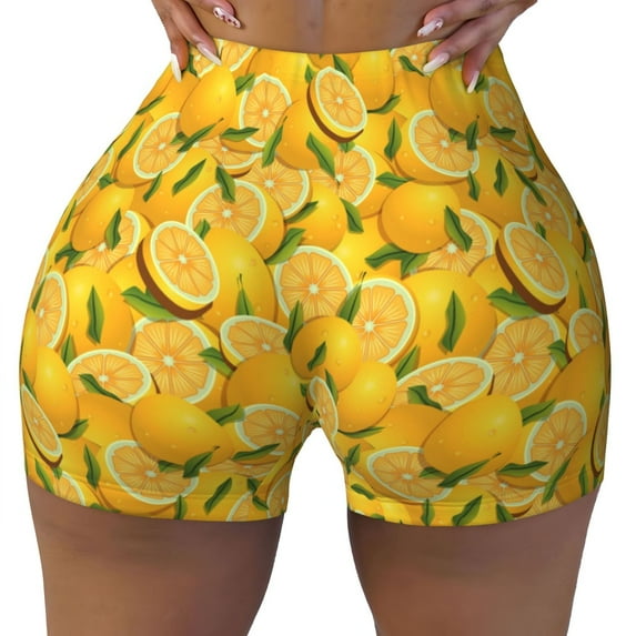 Fotbe Yellow Limes Seamless Shorts, Womens Workout Shorts High Waist Stretch Booty Short for Gym/Yoga/Running/Biking-Medium