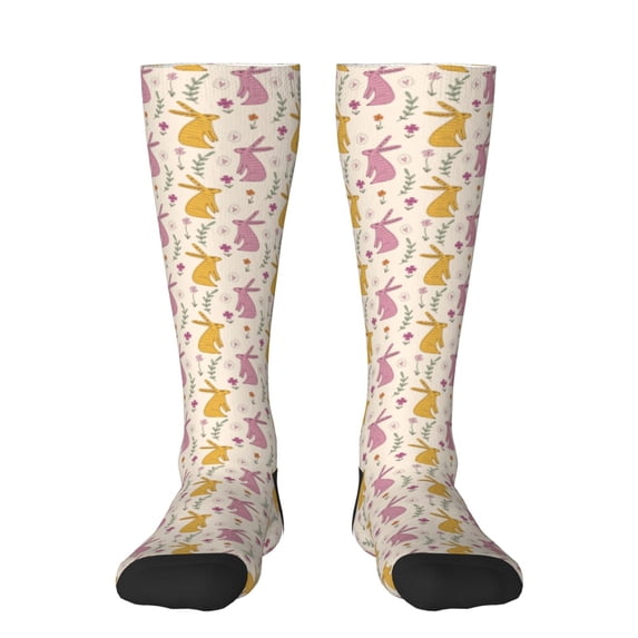 Fotbe Yellow Pueple Rabbit print Women's Men's Novelty Crew Socks Cotton Socks Knee High Socks for Walking,Running,Nurses,Pregnancy