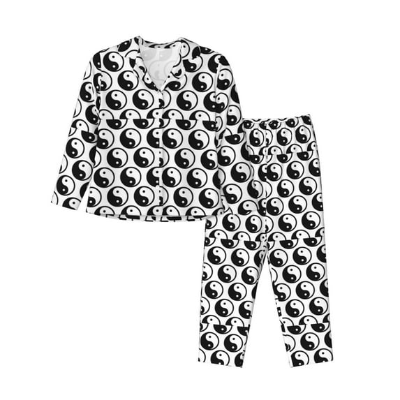 Fotbe Yin Yang Pattern Long Sleeve Pajama Set for Women,Sleepwear Set,2-piece Loungewear Set,Soft PJs Comfy Nightwear with Pockets -Large