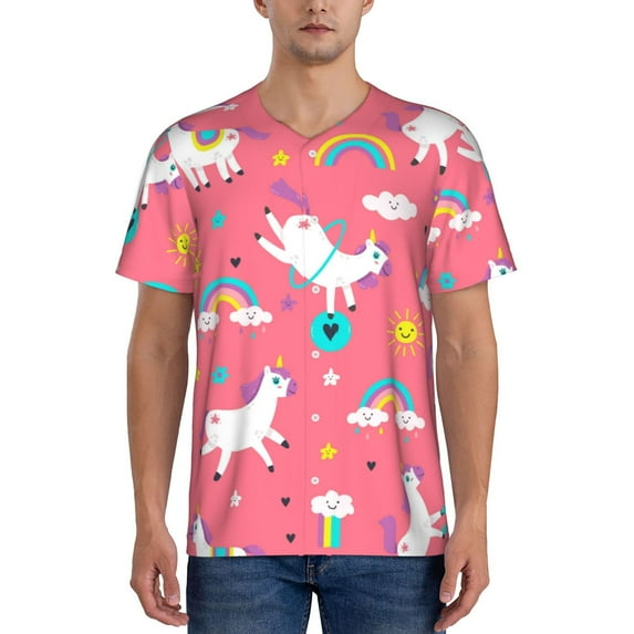 Fotbe Yoga Unicorn Baseball Jersey Shirt for Men and Women, Casual Short Sleeves Button Down T-Shirt-Large