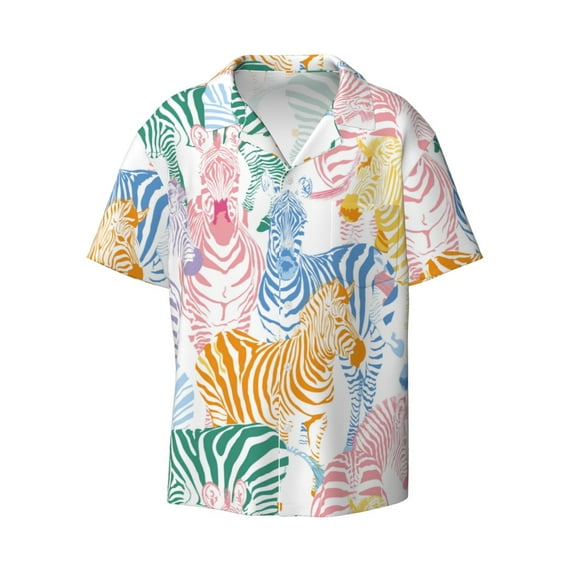 Fotbe Zebra Colourful print Short Sleeve Button Down Shirts for Men Casual Summer Beach Wrinkle Free Shirt-X-Large