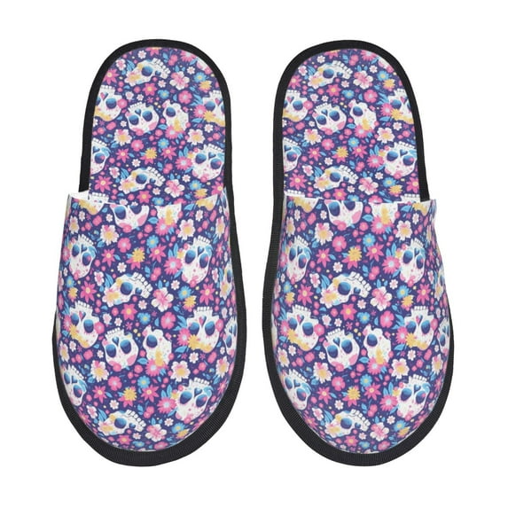 Fotbe blue flower Skull colorful Pattern Women's Fuzzy Slippers Plush Slippers Fluffy Winter House Shoes Indoor and Outdoor-Large