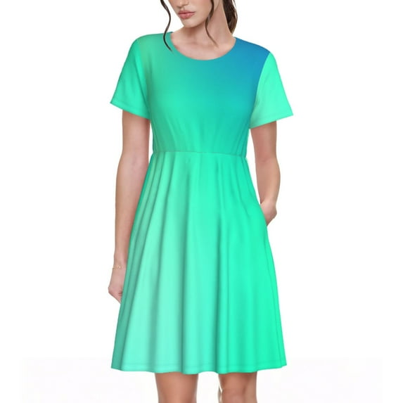 Fotbe blue green colors Pattern Dress Casual Womens Fashion Short Sleeve Maxi Dress T Shirt Dress Striped Long Color Block Maxi Dress