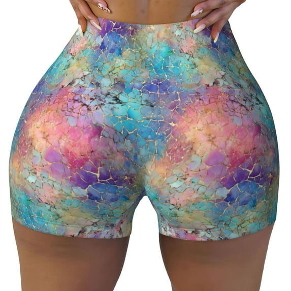 Fotbe blue pink colorful cracked texture Seamless Shorts, Womens Workout Shorts High Waist Stretch Booty Short for Gym/Yoga/Running/Biking-Medium