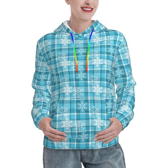 Fotbe blue plaid Snowflake Pattern Womens Long Sleeve Hoodie, Pullover Hooded Sweatshirt, Kangaroo Pocket Hoodie with Eye-catching Drawstrings-X-Large