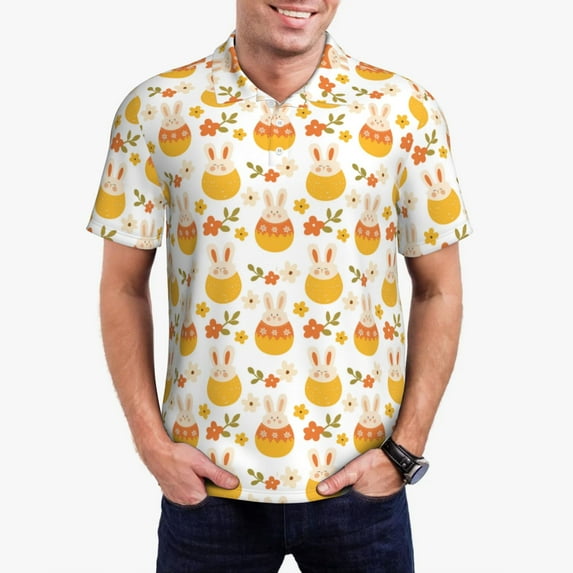 Fotbe bunny in Easter eggs Pattern Men’s Golf Polo Shirt – Breathable Performance Golf Shirt with Button-Down Collar-Large