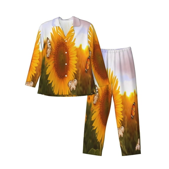 Fotbe butterflies flying near sunflower in field Pattern Long Sleeve Pajama Set for Men,Sleepwear Set,2-piece Loungewear Set,Soft PJs Comfy Nightwear with Pockets-Large