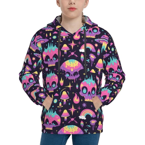 Fotbe cartoon Skull rainbow space Pattern Youth Pullover Hooded Sweatshirt, Boys Hoodie, Kangaroo Pocket Hoodie for Kids Girls -Small