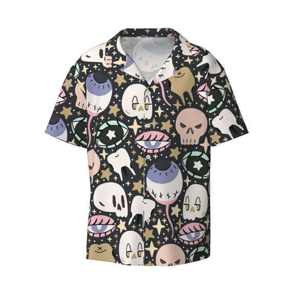 Fotbe cartoon cute Skull star print Short Sleeve Button Down Shirts for Men Casual Summer Beach Wrinkle Free Shirt-Large