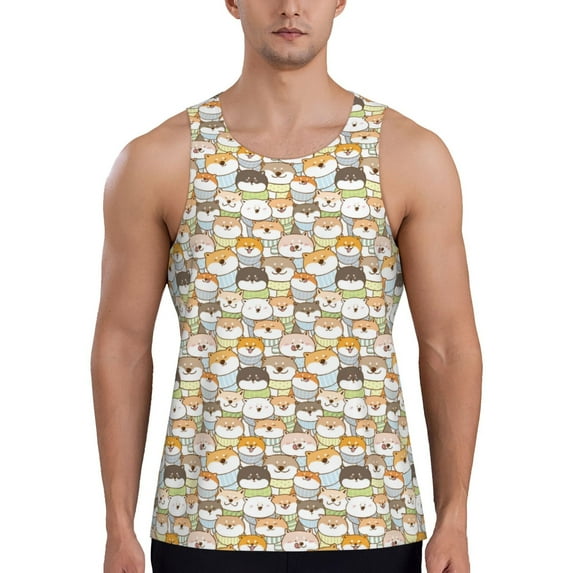 Fotbe cartoon dog Pattern Men's Quick Dry Workout Tank Top Gym Muscle Tee Fitness Bodybuilding Sleeveless T Shirt Breathable Workout Shirt-X-Large
