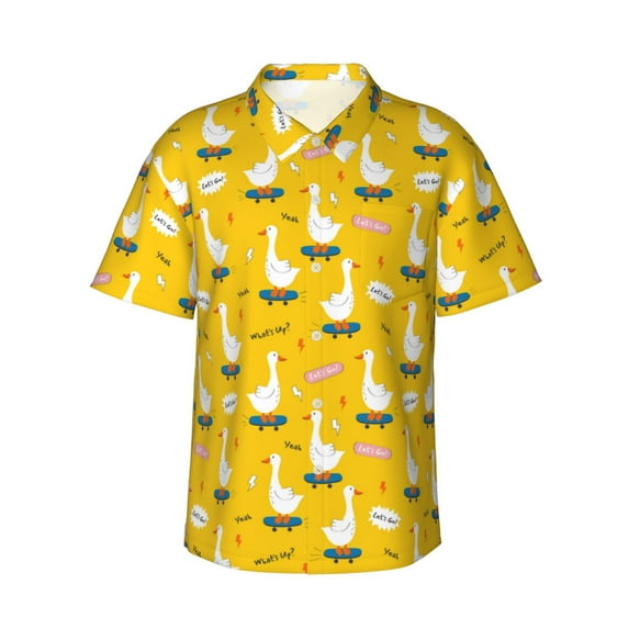 Fotbe cartoon goose Pattern Hawaiian Shirt for Men Unisex Summer Beach Casual Short Sleeve Cotton Linen Button Down Shirts,Large