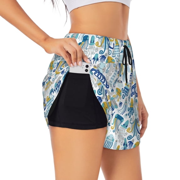 Fotbe cartoon octopus Pattern Womens High Waist Running Shorts Athletic Workout Quick Dry Shorts for Women with Pockets Gym Yoga Summer Shorts-X-Large