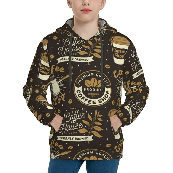 Fotbe coffee shop house Pattern Youth Pullover Hooded Sweatshirt, Boys Hoodie, Kangaroo Pocket Hoodie for Kids Girls -Small