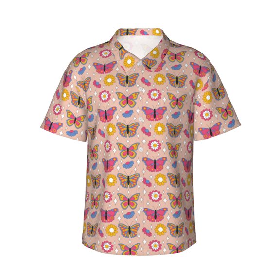 Fotbe colorful Butterfly Daisy Hawaiian Shirt for Men Unisex Summer Beach Casual Short Sleeve Cotton Linen Button Down Shirts-Small