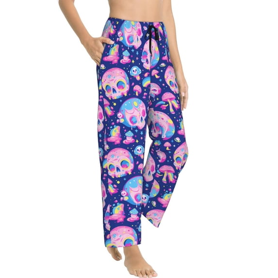 Fotbe colorful Skull mushroom rainbow Women's Pajama Pants,Sleepwear Pants,Pj Bottoms Drawstring And Pockets-Large
