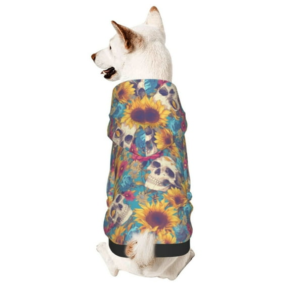 Fotbe colorful Skull sunflower Print Small Dog Sweater Hoodies Pet Grey Hooded Soft Fleece Sweatshirts with Pocket Fall Winter Puppy Cat Sweaters Warm Clothes-XX-Large