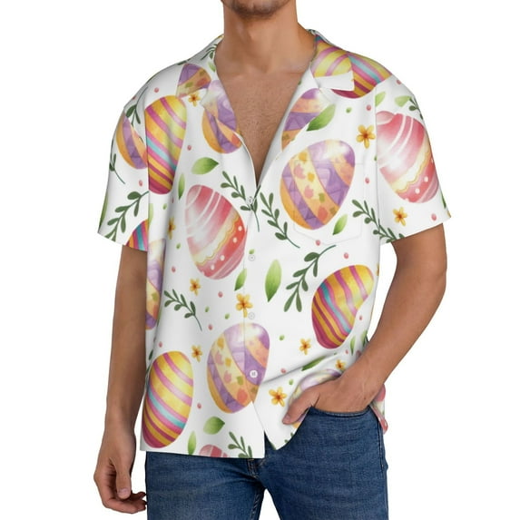 Fotbe colorful easter eggs Print Short Sleeve Button Down Shirts for Men Casual Summer Beach Wrinkle Free Shirt-Large