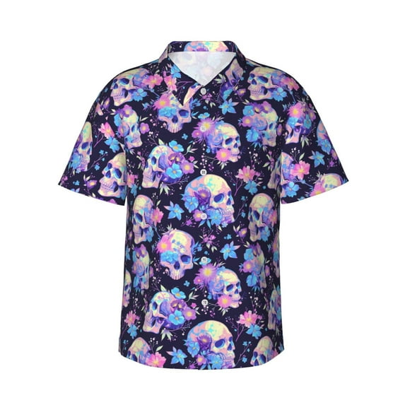 Fotbe cool flower Skull Hawaiian Shirt for Men Unisex Summer Beach Casual Short Sleeve Cotton Linen Button Down Shirts-X-Large