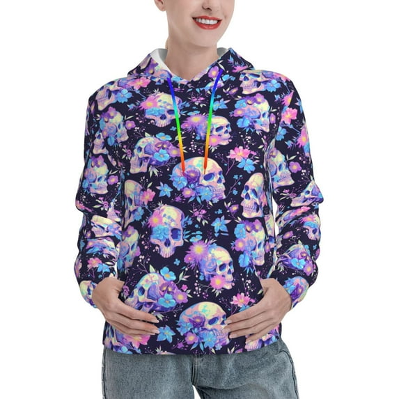 Fotbe cool flower Skull Pattern Womens Long Sleeve Hoodie, Pullover Hooded Sweatshirt, Kangaroo Pocket Hoodie with Eye-catching Drawstrings-Small