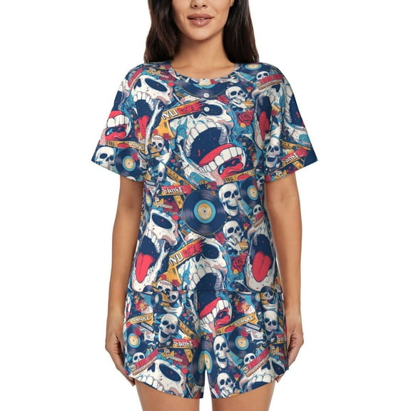 Fotbe cool rock Skull Print Pajama Set for Women 2 Piece Loungewear Short Sleeve Tops and Shorts Set Soft Sleepwear-Medium