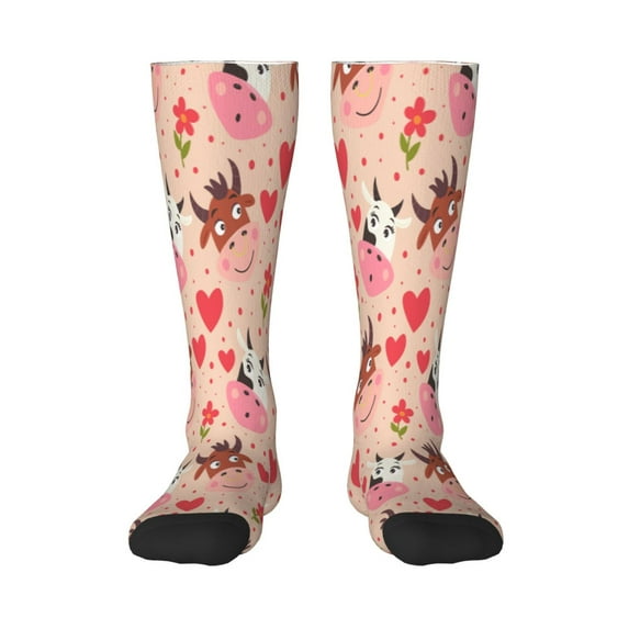 Fotbe cow bull with flower and heart print Women's Men's Novelty Crew Socks Cotton Socks Knee High Socks for Walking,Running,Nurses,Pregnancy