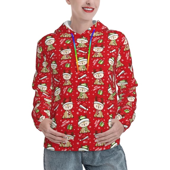 Fotbe cute Christmas Moose Pattern Womens Long Sleeve Hoodie, Pullover Hooded Sweatshirt, Kangaroo Pocket Hoodie with Eye-catching Drawstrings-X-Large