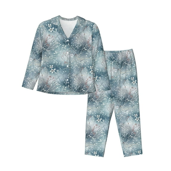 Fotbe enchanted winter snowflake holly Pattern Long Sleeve Pajama Set for Women,Sleepwear Set,2-piece Loungewear Set,Soft PJs Comfy Nightwear with Pockets -X-Large