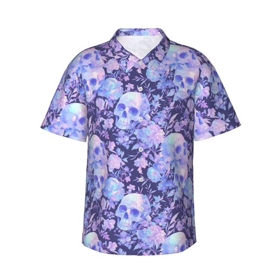 Fotbe flower crystal Skull Hawaiian Shirt for Men Unisex Summer Beach Casual Short Sleeve Cotton Linen Button Down Shirts-Small
