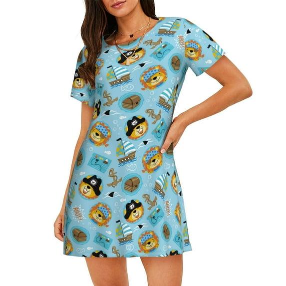 Fotbe funny lion in pirate Pattern Women's Cotton Nightgown Sleepwear Short Sleeves Shirt Casual Print Sleepdress