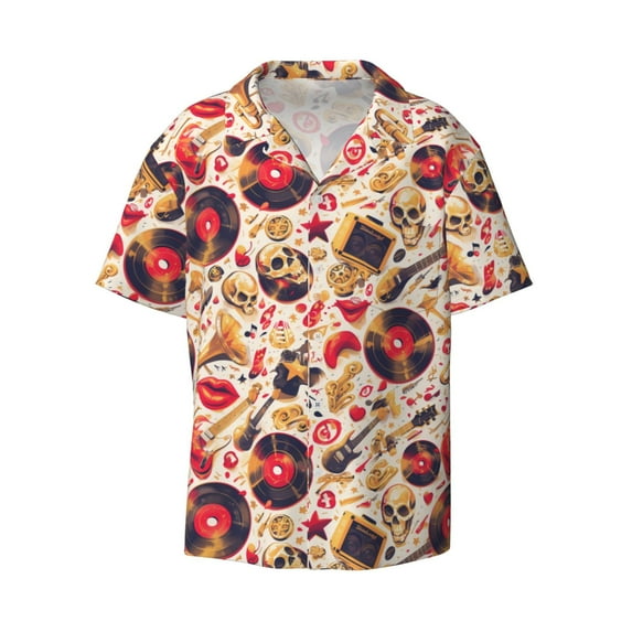 Fotbe gold Skull Guitar record print Short Sleeve Button Down Shirts for Men Casual Summer Beach Wrinkle Free Shirt-Small