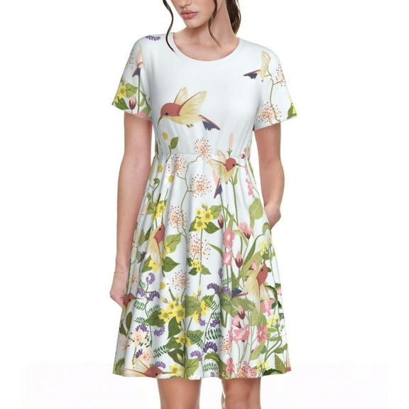 Fotbe hummingbird in floral Pattern Dress Casual Womens Fashion Short Sleeve Maxi Dress T Shirt Dress Striped Long Color Block Maxi Dress