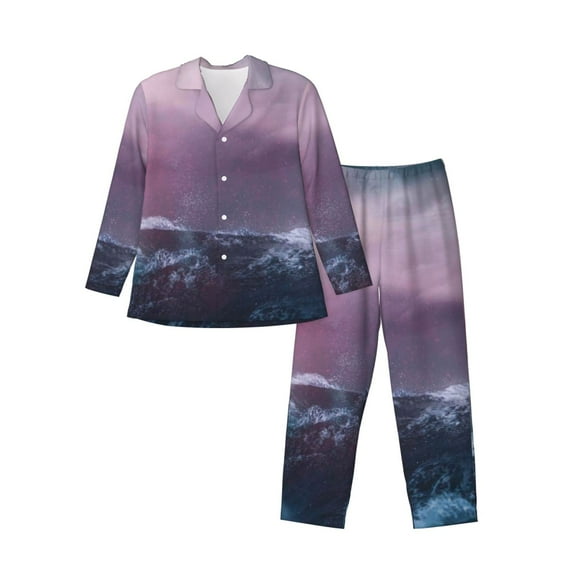 Fotbe lighthouse Waves Torrential Rain Pattern Long Sleeve Pajama Set for Men,Sleepwear Set,2-piece Loungewear Set,Soft PJs Comfy Nightwear with Pockets-Small