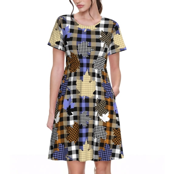 Fotbe maple leaves Houndstooth Pattern Dress Casual Womens Fashion Short Sleeve Maxi Dress T Shirt Dress Striped Long Color Block Maxi Dress