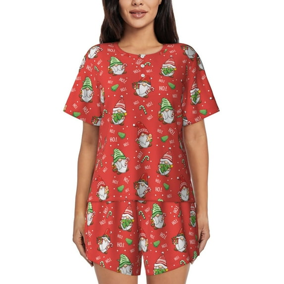 Fotbe merry Christmas gnome Print Pajama Set for Women 2 Piece Loungewear Short Sleeve Tops and Shorts Set Soft Sleepwear-Large