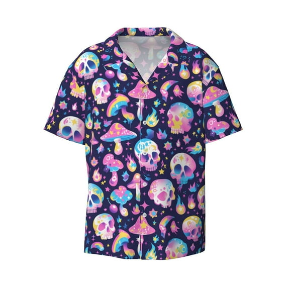Fotbe mushroom colorful Skull star print Short Sleeve Button Down Shirts for Men Casual Summer Beach Wrinkle Free Shirt-Small