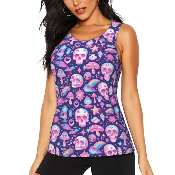 Fotbe mushroom rainbow color Skull Womens Loose Fit Casual Flowy Slim-Fit Tank Tops Athletic Round Neck Trendy Sleeveless Summer Tops for Gym and Yoga-X-Large