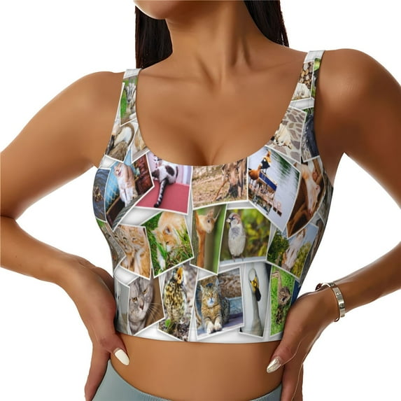 Fotbe pets and birds Collage Pattern Womens' Sports Bra Longline Wirefree Padded with Medium Support Sports Moisture-Wicking Workou Vest,Tank Top-XX-Large