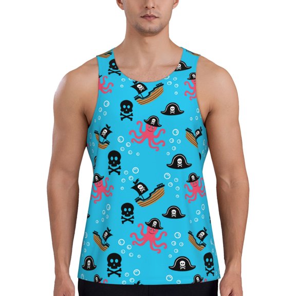 Fotbe pirate Octopus Pattern Men's Quick Dry Workout Tank Top Gym Muscle Tee Fitness Bodybuilding Sleeveless T Shirt Breathable Workout Shirt-Small