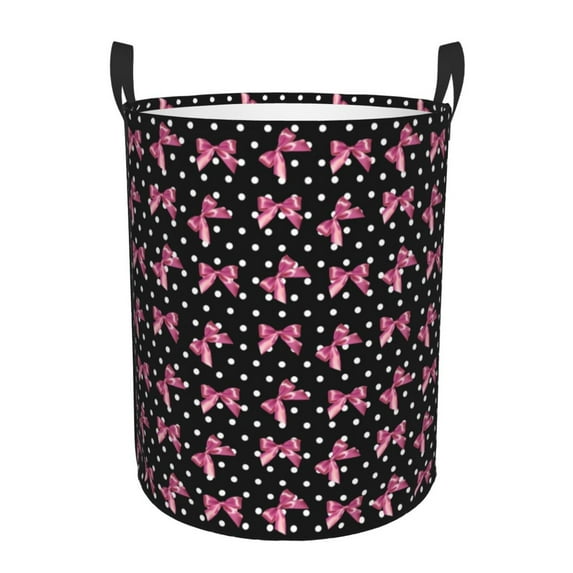 Fotbe polka dot with pink bows Pattern Laundry Basket with Handles, Waterproof Large Laundry Hamper, Wash Bag for Corner Dorm, Rolling Laundry Basket with Handles-Small