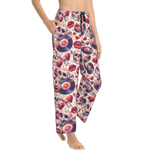 Fotbe record rock Skull lips Women's Pajama Pants,Sleepwear Pants,Pj Bottoms Drawstring And Pockets-