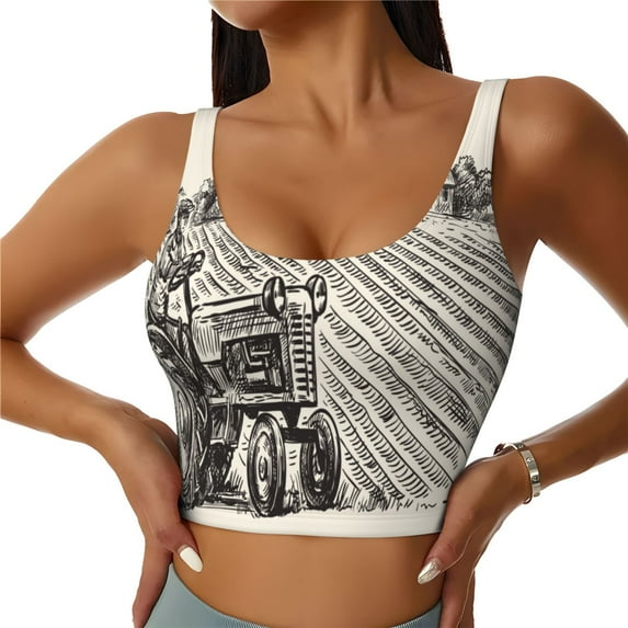 Fotbe retro tractor Pattern Womens' Sports Bra Longline Wirefree Padded with Medium Support Sports Moisture-Wicking Workou Vest,Tank Top-XX-Large