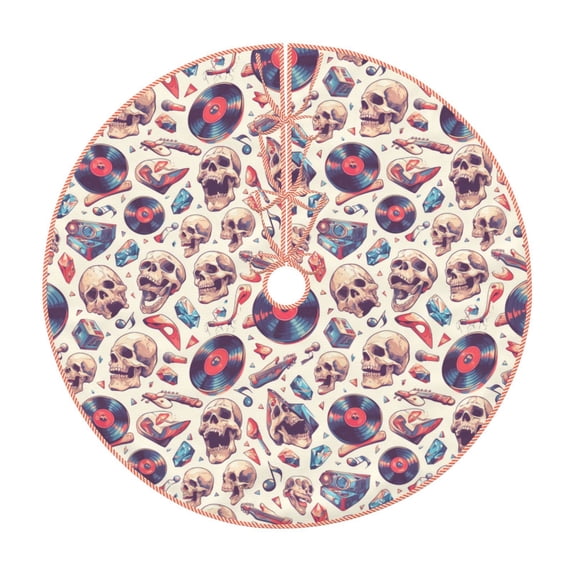 Fotbe rock Skull record Retro Pattern Christmas Tree Skirt, Tree Skirts Plush Christmas Decorations, Christmas Tree Skirts Xmas Decorations Holiday Party Decor-30"
