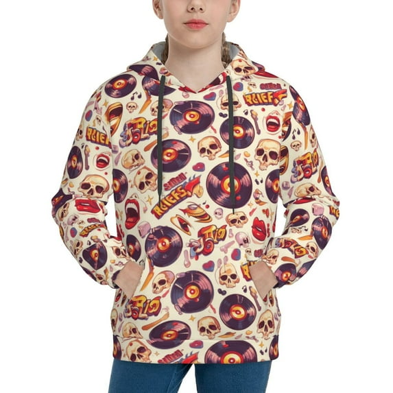 Fotbe rock music Skull record Pattern Youth Pullover Hooded Sweatshirt, Boys Hoodie, Kangaroo Pocket Hoodie for Kids Girls -Small