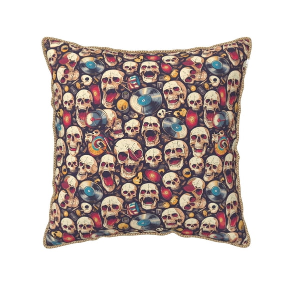 Fotbe rock record music Skull Pattern Velvet Decorative Throw Pillow Covers with Elegant Piping, Soft Plush Cushion Cover for Sofa, Bed, Car, Office-16"x16"