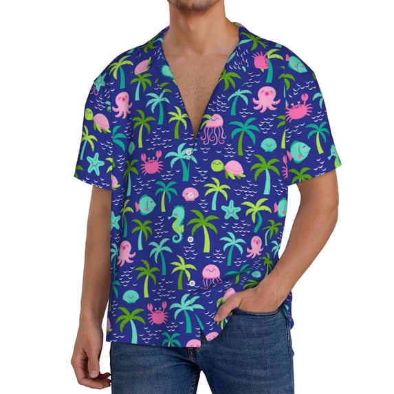 Fotbe sea animals with palm tree Print Short Sleeve Button Down Shirts for Men Casual Summer Beach Wrinkle Free Shirt-3X-Large