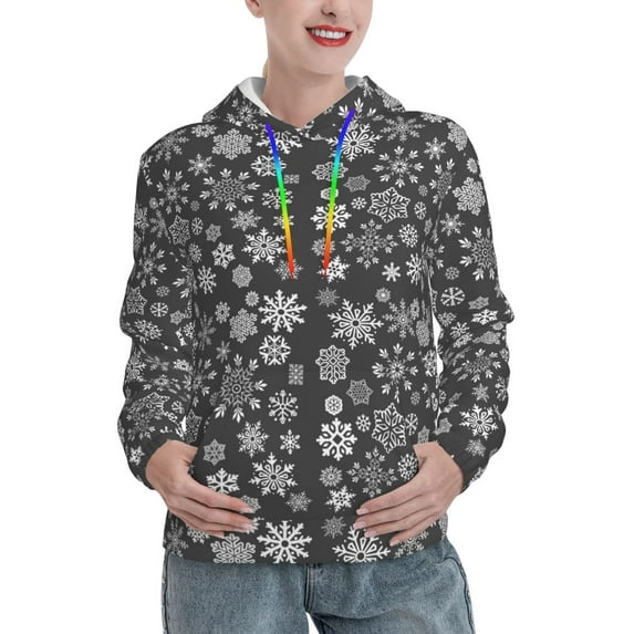 Fotbe simple white Snowflake Pattern Womens Long Sleeve Hoodie, Pullover Hooded Sweatshirt, Kangaroo Pocket Hoodie with Eye-catching Drawstrings-Small