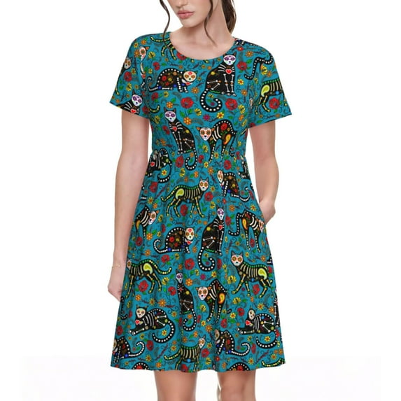 Fotbe skull black cats in mexican Pattern Dress Casual Womens Fashion Short Sleeve Maxi Dress T Shirt Dress Striped Long Color Block Maxi Dress